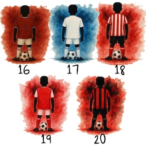 May include: Watercolor illustrations of soccer players in various team uniforms, each standing with a soccer ball. The players are depicted in red, white, and striped jerseys, with numbers 16, 17, 18, 19, and 20 below them.