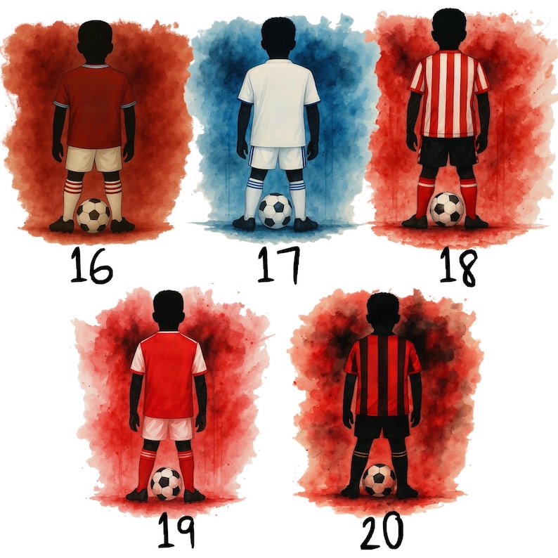 May include: Watercolor illustrations of soccer players in various team uniforms, each standing with a soccer ball. The players are depicted in red, white, and striped jerseys, with numbers 16, 17, 18, 19, and 20 below them.
