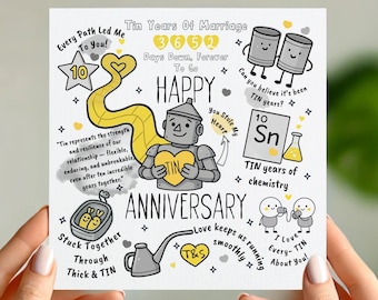 Biglietto di auguri per il 10° anniversario di matrimonio in latta – Divertente design personalizzato con omino di latta – Regalo per 10 anni di matrimonio per marito e moglie – Simpatico biglietto con gioco di parole sul robot