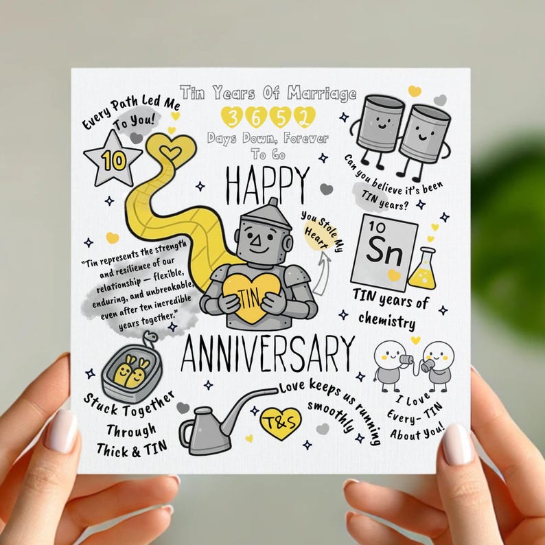 May include: A square anniversary card with a yellow and gray color scheme. The card features illustrations of a robot holding a heart, a winding yellow path, and the text "Tin Years of Marriage". The card also includes the text "Happy Anniversary".