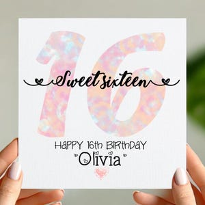 Biglietto di auguri personalizzato per i sedici anni / Biglietto di auguri personalizzato per il sedicesimo compleanno / Design acquerello pastello / Aggiungi il nome per un regalo unico