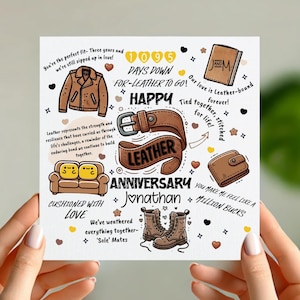 Tarjeta de aniversario de cuero divertida / Tarjeta de nombre personalizada para el tercer aniversario / Recuerdo romántico lleno de juegos de palabras / Regalo personalizado