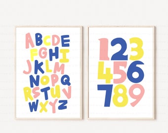 Alphabet Poster Set Of Two Prints for Educational | Children's Poster for Preschool Curriculum Counting Montessori Learning | Bright Pastel