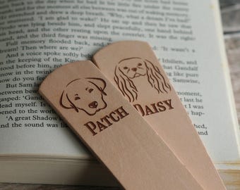 Full grain leather bookmark - Engraved with Dog breeds and pet names