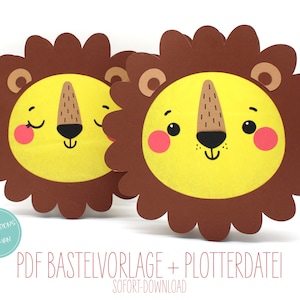 May include: Two printable lion head craft templates with brown manes and yellow faces. The lions have black noses, brown eyes, and pink cheeks. The text "PDF Bastevorlage + Plotterdatei" and "Sofort-Download" is at the bottom of the image.