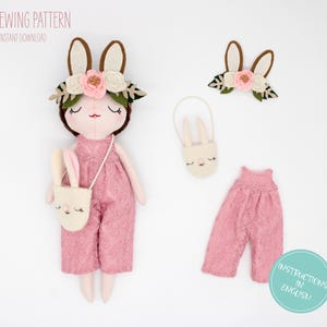 May include: PDF sewing pattern for a bunny doll with a pink dress, flower crown, and a bunny-shaped bag. The pattern includes instructions in English.