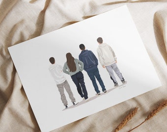 Poster Personalized family portrait from the back, Mother's Day, Father's Day, Personalized family illustration, birthday