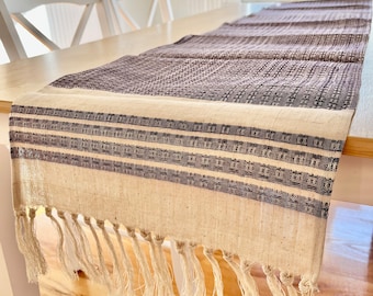 Handwoven Cotton Table Runner: Burmese Fabric with Fringe