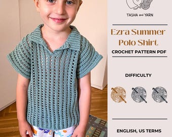Crochet Pattern PDF: Ezra Summer Polo Shirt, Ribbed Collar Short Sleeves, Child Size 4-5