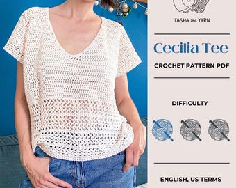 Crochet Pattern PDF: Cecilia Tee, Lacy Summer Top with V-Neck, Adult Sizes XS-5XL