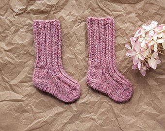 Knit baby wool socks - Alpaca wool mix  - Blush pink ribbed woolen baby socks - Newborn size for 8 cm feet - Hand-knit pure wool socks
