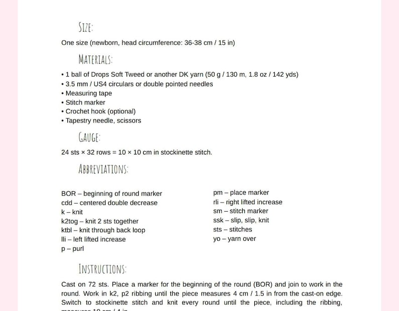 May include: A digital document containing knitting instructions for a newborn hat. It lists size specifications for a 15-inch head circumference, required materials like 50g of DK yarn and 3.5mm needles, gauge information, abbreviations, and step-by-step directions.