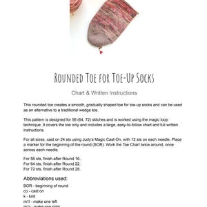 May include: A knitting pattern document titled Rounded Toe for Toe-Up Socks, featuring written instructions, a chart, and a photograph of a partially knitted sock in variegated pink and grey yarn on circular needles with a small red stitch marker.