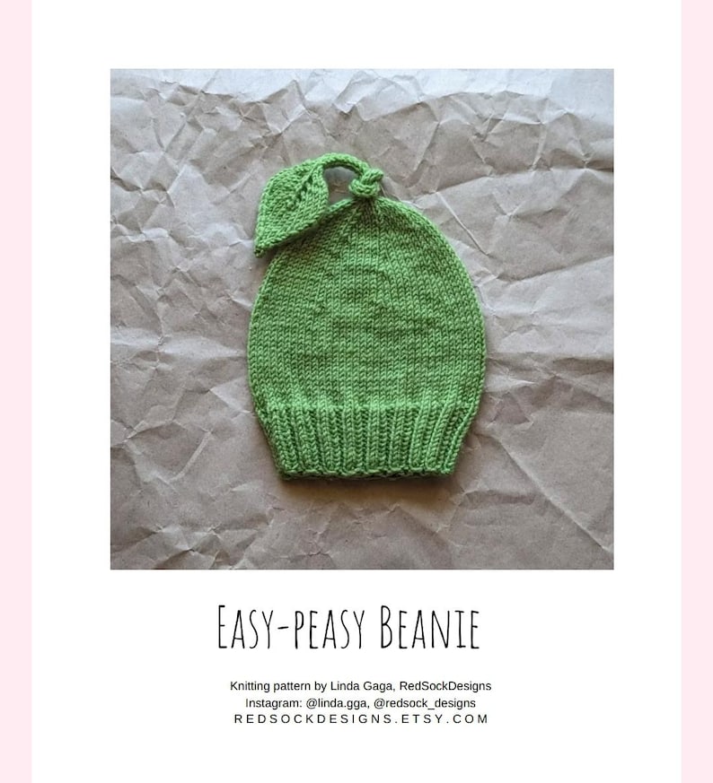 May include: A light green knitted beanie with a ribbed brim and a leaf-shaped topper. The text below reads: EASY-PEASY BEANIE, Knitting pattern by Linda Gaga, RedSockDesigns, Instagram: @linda.gga, @redsock_designs, REDSOCKDESIGNS.ETSY.COM.