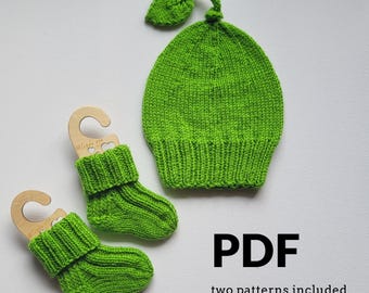 Leaf Hat and Socks Knitting Pattern Bundle – Newborn Beanie, Baby (PDF Pattern in English)