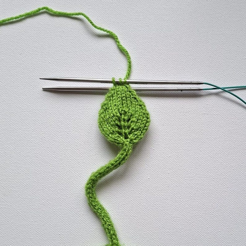 Knitted leaf detail, I-cord string