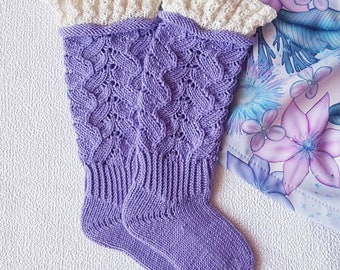 Baby knee-length merino socks with ruffles, long lavender baby socks, 11 cm foot