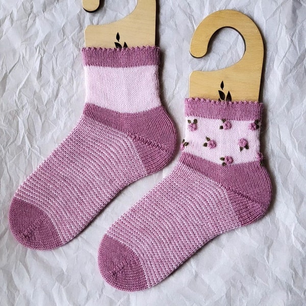 Toe up helix picot socks Bella, knitting pattern for striped wool socks with woven wheel rose embroidery detail