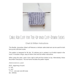May include: A knitting pattern titled Cable Rib Cuff for Toe-Up and Cuff-Down Socks, featuring written instructions, a chart, and a photograph of a light purple knitted ribbed cuff on metal needles with a small pearl stitch marker.