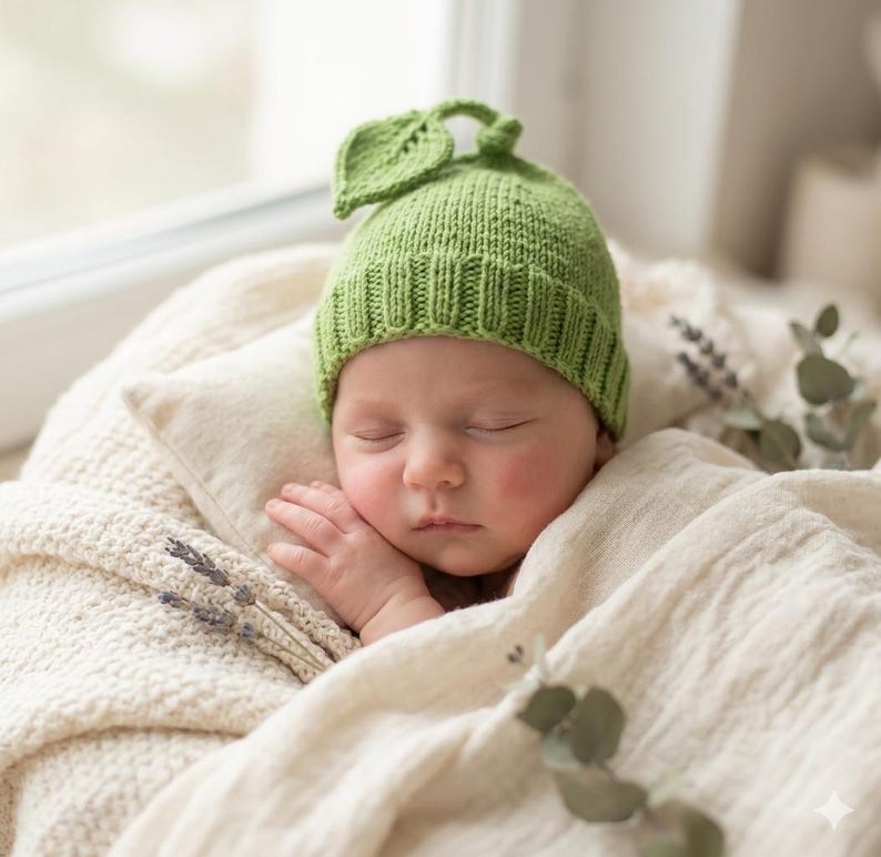 Baby leaf hat modelling