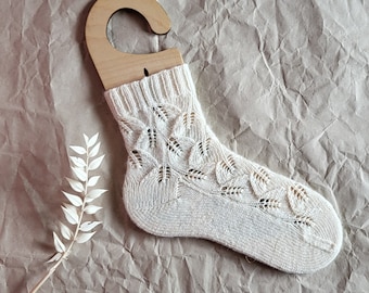 Leafy Elegance pdf knitting pattern for hand-knitted top-down wool socks with leaf stitch, lace socks, handmade sock guide, floral design