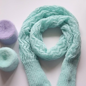 May include: A pale turquoise open-weave scarf with a detailed pattern, set against a white background. Two balls of yarn in lavender and mint green are placed near the scarf. The scarf has a soft, lightweight appearance.