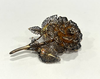Antique Art Nouveau Gold Washed Silver Filigree Rose Brooch