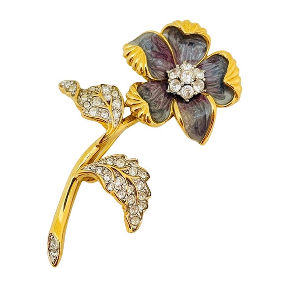 Vintage NOLAN MILLER gold enamel rhinestone flowe… - image 1