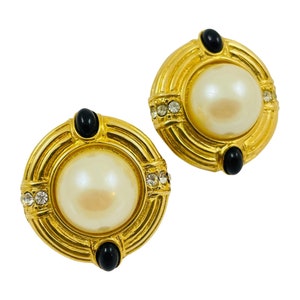 Vintage huge gold pearl rhinestone black lucite runway designer clip on earrings