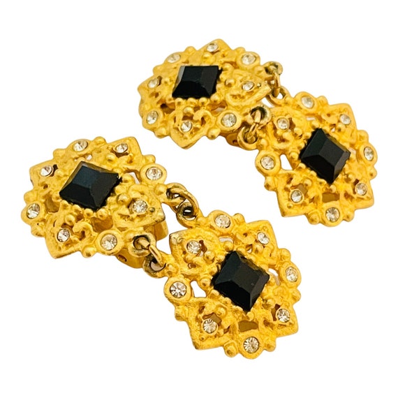 Vintage gold rhinestone designer runway clip on e… - image 2