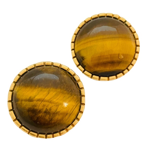 Vintage ANN TAYLOR gold glass tiger eye designer runway clip on earrings