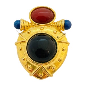 Vintage gold Etruscan faux onyx lapis carnelian designer runway brooch