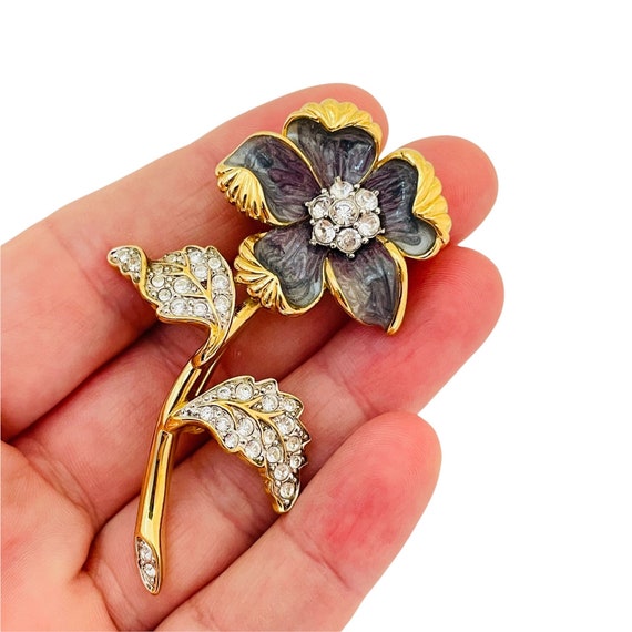 Vintage NOLAN MILLER gold enamel rhinestone flowe… - image 5