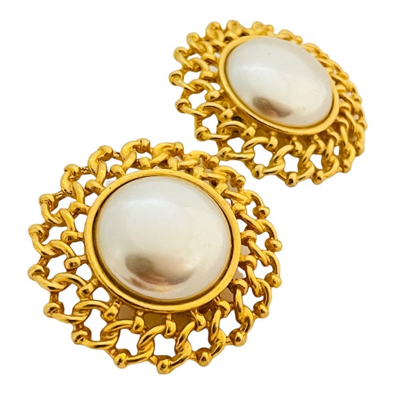 Vintage gold chain pearl designer runway clip on … - image 2