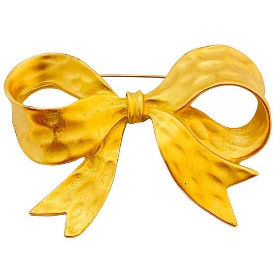 Vintage gold matte bow designer runway brooch - image 1