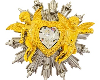 Vintage RJ GRAZIANO gold silver rhinestone heart angels designer runway brooch