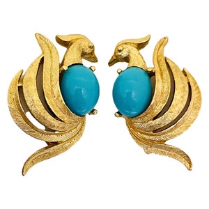 Vintage AVON bird gold turquoise designer clip on earrings