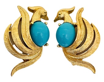 Vintage AVON bird gold turquoise designer clip on earrings