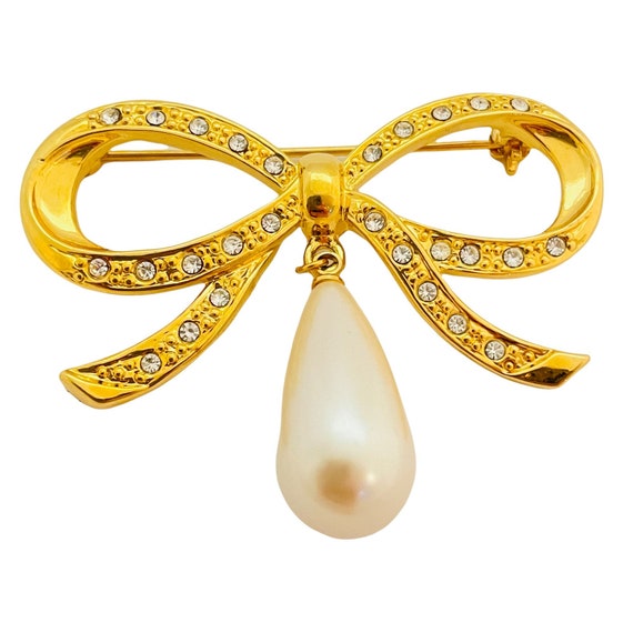 Vintage MONET Bow Gold Dangle Pearl Designer Runway Brooch  display picture 3