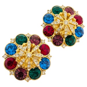 Vintage gold jewel glass designer runway clip on earrings image 1