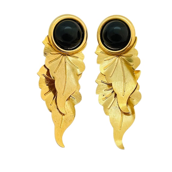 Vintage huge gold leaf runway 80's earrings - image 1