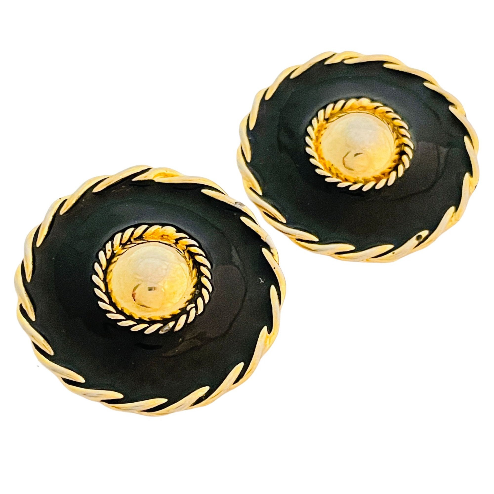 Vintage PPS gold black enamel designer runway clip on earrings