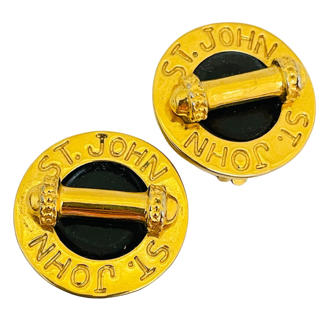 vintage-st-john-logo-gold-enamel-designer-runway-clip-on-earrings-etsy