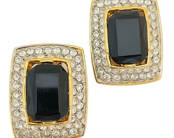 Vintage LES BERNARD gold rhinestone glass designer runway clip on earrings