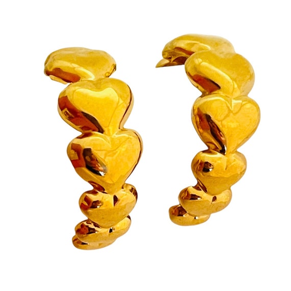 Vintage shiny gold heart hoop earrings