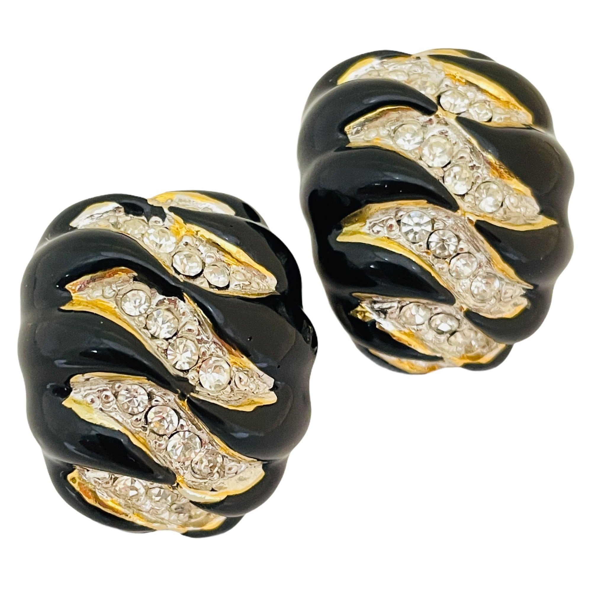 Vintage KENNETH LANE oro smalto nero strass designer clip su orecchini
