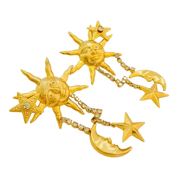Vintage sun moon stars gold rhinestone designer r… - image 2