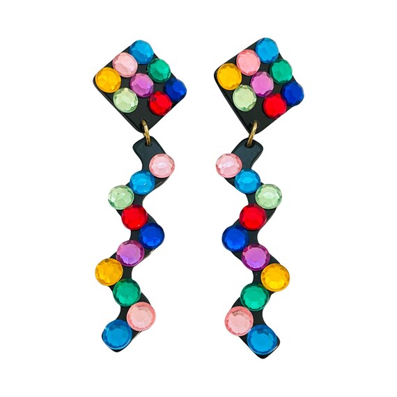 Vintage black plastic colorful rhinestones modern… - image 1