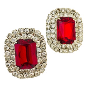 Vintage silver tone ruby red faceted glass stones pierced designer earrings