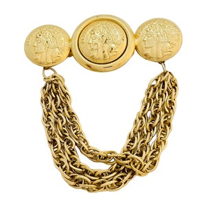 Vintage REPUBLIQUE FRANCOISE gold coin chain designer runway brooch